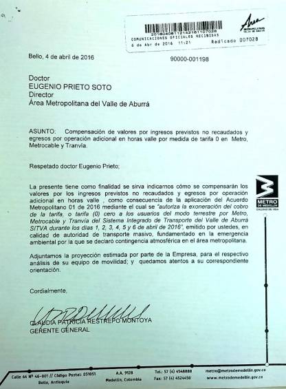El Metro le cobra al Área los costos y los ingresos no percibididos dado el Acuerdo 001