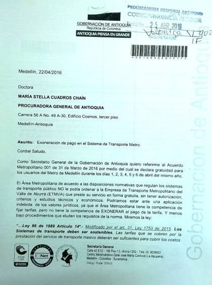 Carta de la Gobernación a la Procuraduría 1