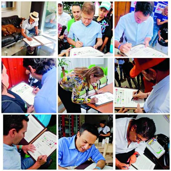 Este collage recoge los momentos cuando cada uno de los candidatos firmó el manifiesto que compromete, al que quede de alcalde, a no apoyar la feria taurina durante su periodo. FOTO CORTESÍA