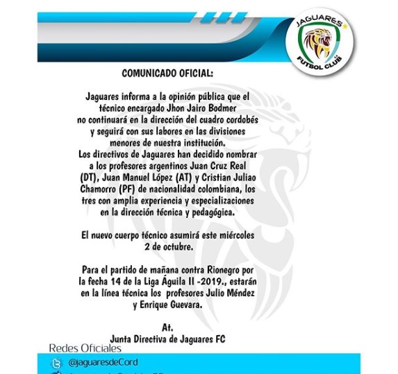 Argentino Juan Cruz reemplaza al colombiano Jhon Jairo Bodmer en Jaguares 