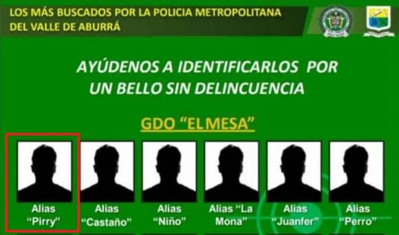 En el cartel de Los más buscados de Bello, en particular de integrantes de la banda “el Mesa”, aparece alias “Pirry”. FOTO CORTESÍA DE LA POLICÍA.