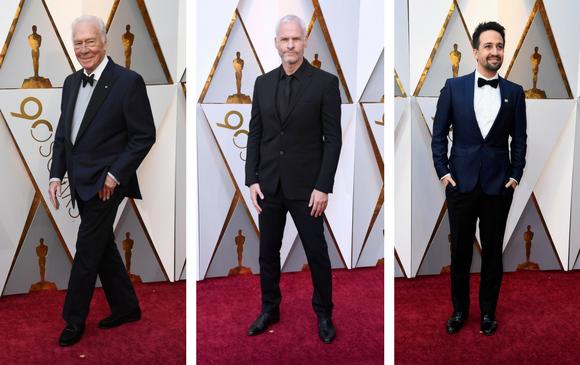El nominado Christopher Plummer; el director de Tres anuncios por un crimen, Martin McDonagh y Lin-Manuel Miranda. FOTOS AFP El nominado Christopher Plummer; el director de Tres anuncios por un crimen, Martin McDonagh y Lin-Manuel Miranda. FOTOS AFP