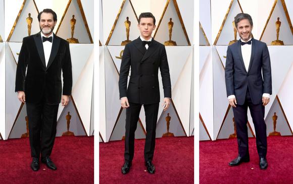 Los hombres de gala: Michal Stuhlbarg de las cintas Llámame por tu nombre y La forma del agua; Tom Holland de Spiderman y Gael García Bernal de Coco. FOTOS AFP Los hombres de gala: Michal Stuhlbarg de las cintas Llámame por tu nombre y La forma del agua; Tom Holland de Spiderman y Gael García Bernal de Coco. FOTOS AFP