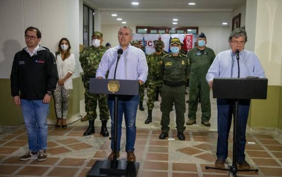 La rueda de prensa se realizó desde Chocó y tuvo la presencia del Fiscal Francisco Barbosa, el Presidente Iván Duque y el Ministro de Defensa Carlos Holmes Trujillo. Foto: Presidencia