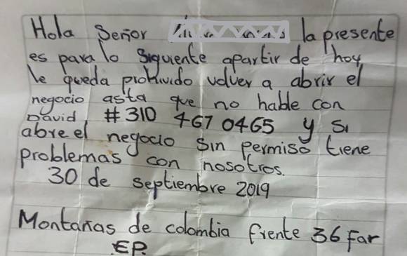 Una de las cartas que alias David (muerto por el Ejército), le envió a un comerciante en Briceño. FOTO cortesía