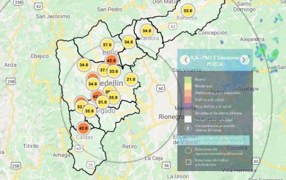 Solo una de las estaciones (la ubicada en Santa Elena) registra presencia de PM 2.5 menores a 30 microgramos por centímetro cúbico de aire. FOTO Tomada del sitio web del SIATA.