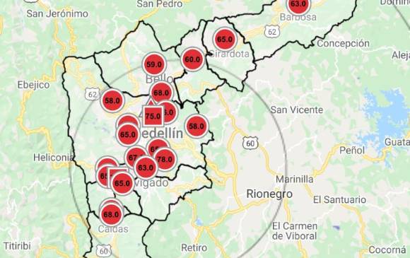Así estaban las estaciones de medición de calidad del aire en la mañana de este jueves, 19 de marzo. Imagen tomada del Siata.
