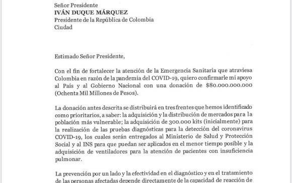 Copia de la carta enviada por Sarmiento Angulo a Iván Duque.