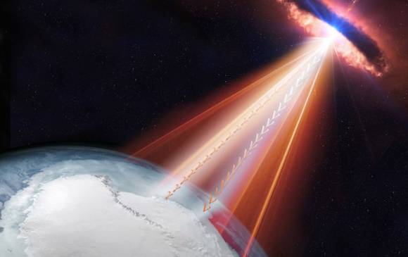 Dibujo muestra cómo desde el blazar sale el chorro que emite rayos gamma y neutrinos. Foto IceCube/Nasa