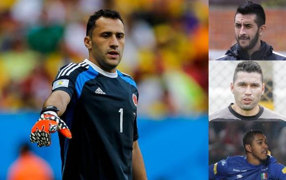 Camilo Vargas de Nacional, Leandro Castellanos de Santa Fe Leandro Castellanos y José Fernando Cuadrado del Once Caldas suenan para acompañar a David Ospina. FOTOS Archivo