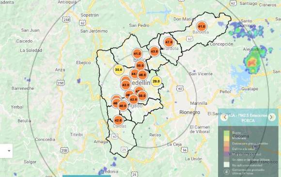 La mayoría de estaciones de monitoreo de la calidad del aire marcaban naranja este martes. FOTO SIATA La mayoría de estaciones de monitoreo de la calidad del aire marcaban naranja este martes. FOTO SIATA