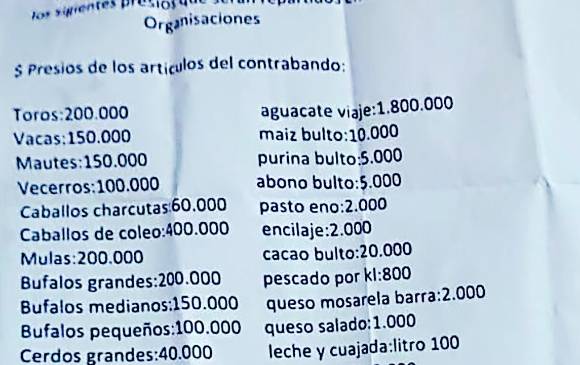 Listado entregado por las disidencias de las Farc y el Eln a los campesinos.