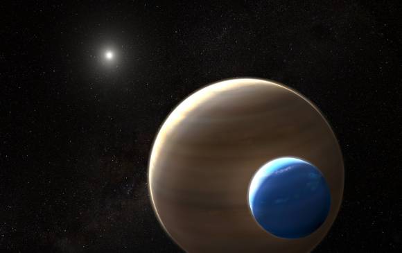 Ilustración de cómo podría lucir el planeta Kepler-1625b con su luna. Imagen ESA-Nasa