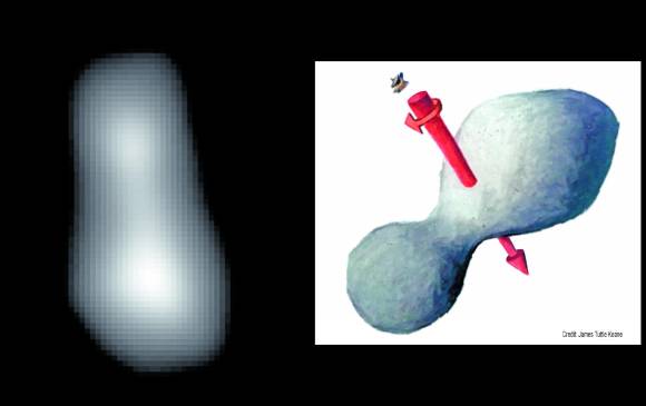 A la izquierda se ve la fotografía captada durante el sobrevuelo por Ultima Thule. A la derecha, dibujo de cómo es. La flecha muestra el eje de rotación. FOTO Nasa