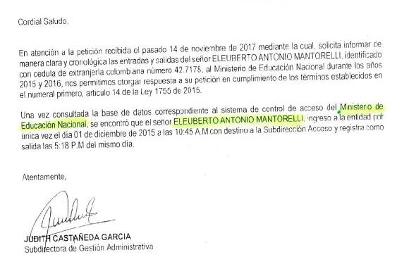 Documento que acredita la visita de Martorelli al Mineducación