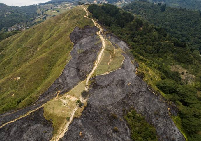 Las tres capturas por el incendio de ayer se sumaron a las dos que hubo el domingo pasado por una conflagración provocada en el cerro El Volador, al centroccidente de la ciudad. Foto: Esteban Vanegas Londoño. 