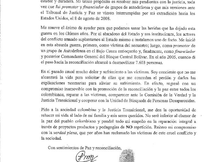 Este es el comunicado firmado por Carlos Mario Jiménez. FOTO: Cortesía