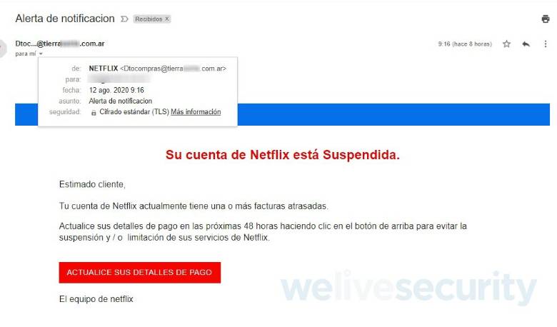 Así se ve el correo malicioso que están enviando a nombre de Netflix. FOTO CORTESÍA