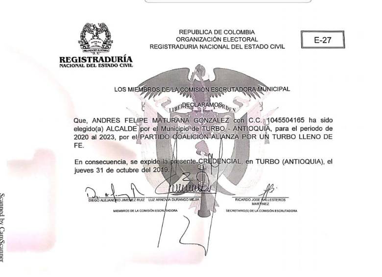 Turbo tiene alcalde: Registraduría ya entregó credencial a Maturana