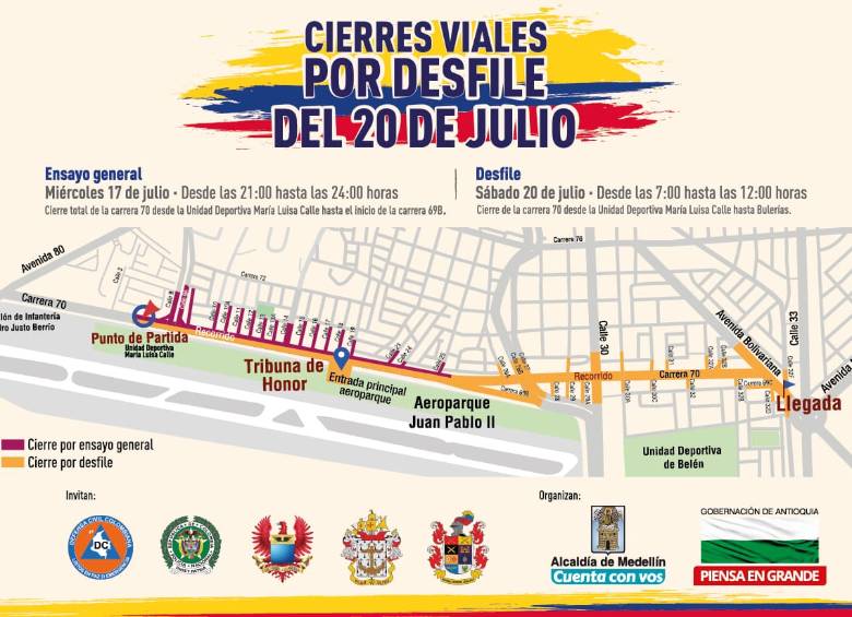 Estos son los cierres por el desfile del 20 de julio en Medellín