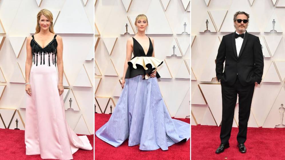 Los nominados y su elegancia: Laura Dern, Saoirse Ronan y Joaquin Phoenix. FOTOS AFP